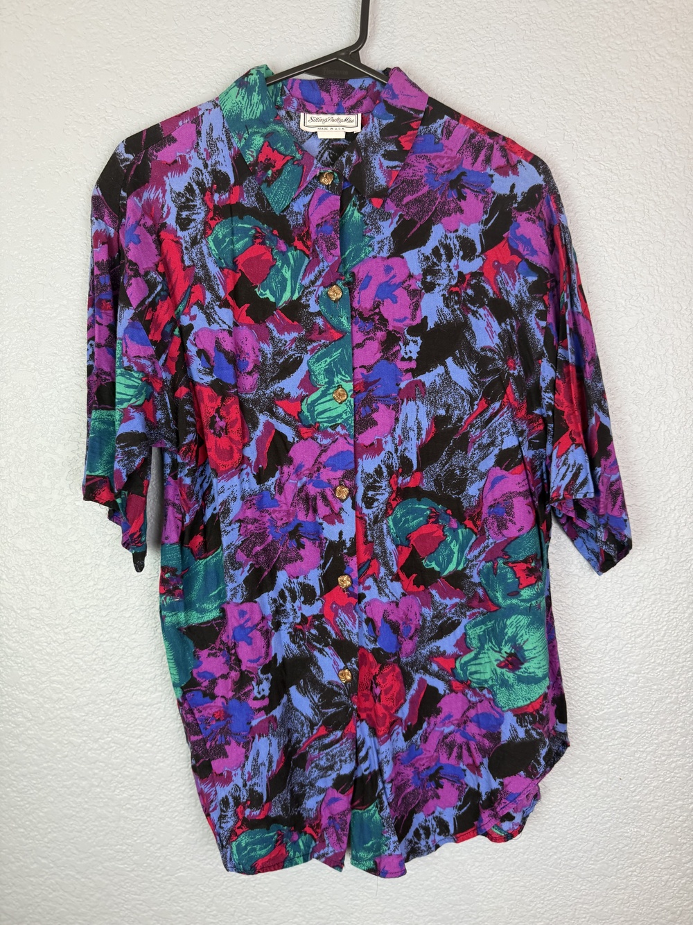 Vintage Sitting Pretty Miss Shirt Womens Large Floral Wild Print USA 80s Blouse